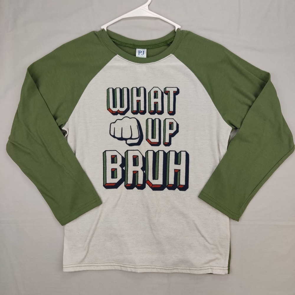 PJ Place Pajama Top Boys XXL 16 Green What Up Bruh‎ Raglan Long Sleeve Sleepwear